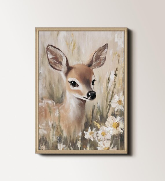 Baby Deer Fawn Among Daisies Soft Neutral Nursery Wildlife Art Poster