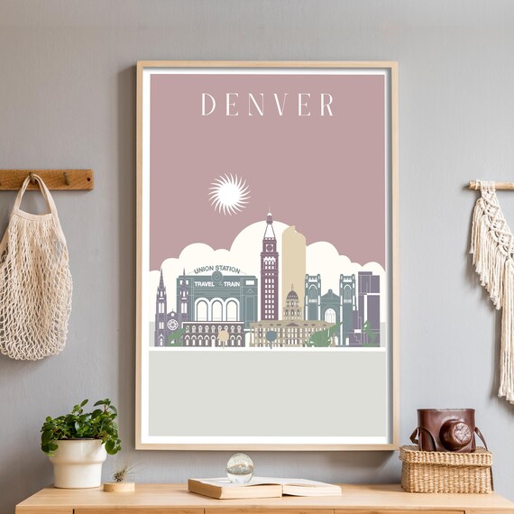Denver Colorado Minimalist Skyline Travel Poster with Union Station
