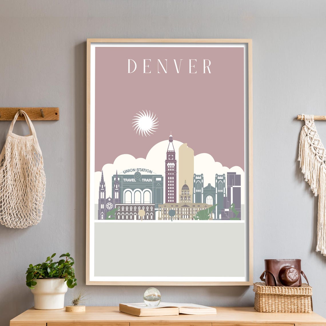 Denver Colorado Minimalist Skyline Travel Poster with Union Station
