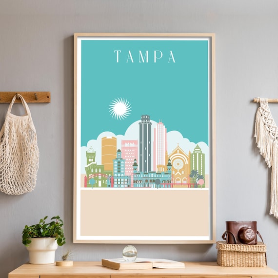 Tampa Teal Skyline Flat Illustration Florida Cityscape Poster