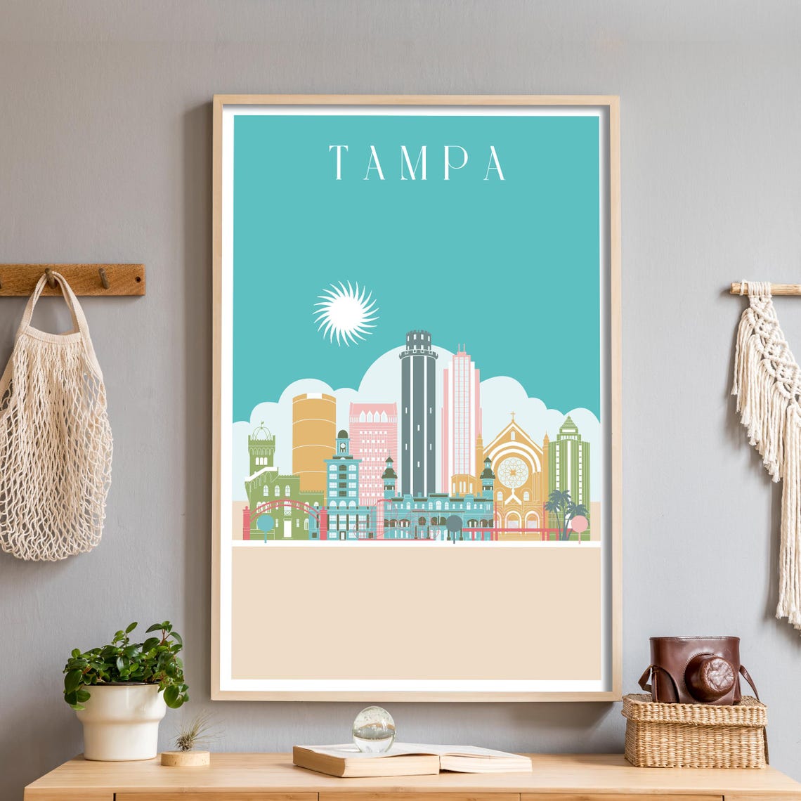 Tampa Teal Skyline Flat Illustration Florida Cityscape Poster