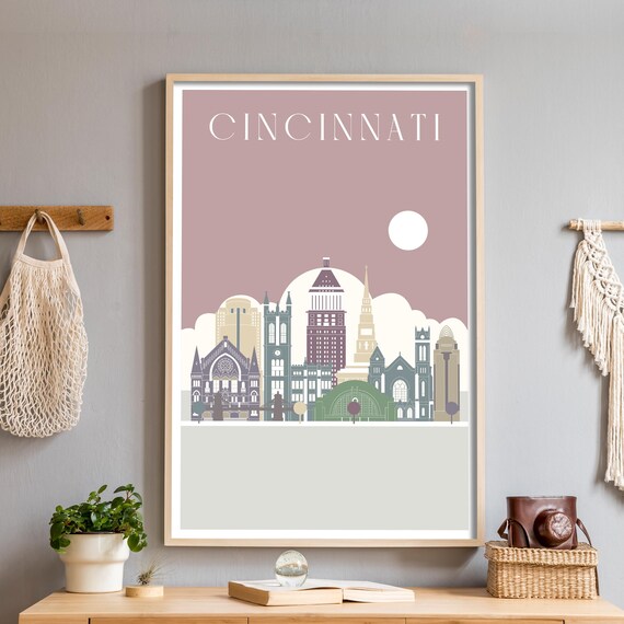Cincinnati Ohio Illustrated Downtown City Skyline Travel Poster