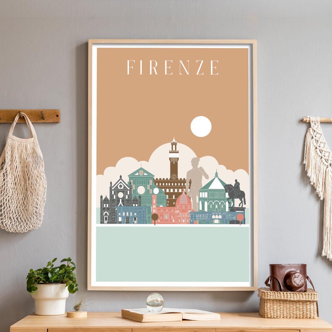 Firenze Italy Skyline Poster in Tan with Renaissance Landmarks Art