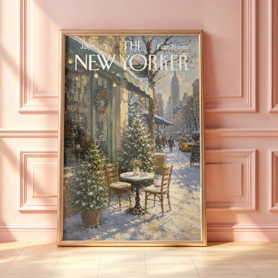 Vintage New Yorker Snowy Cafe Christmas New York Winter Poster
