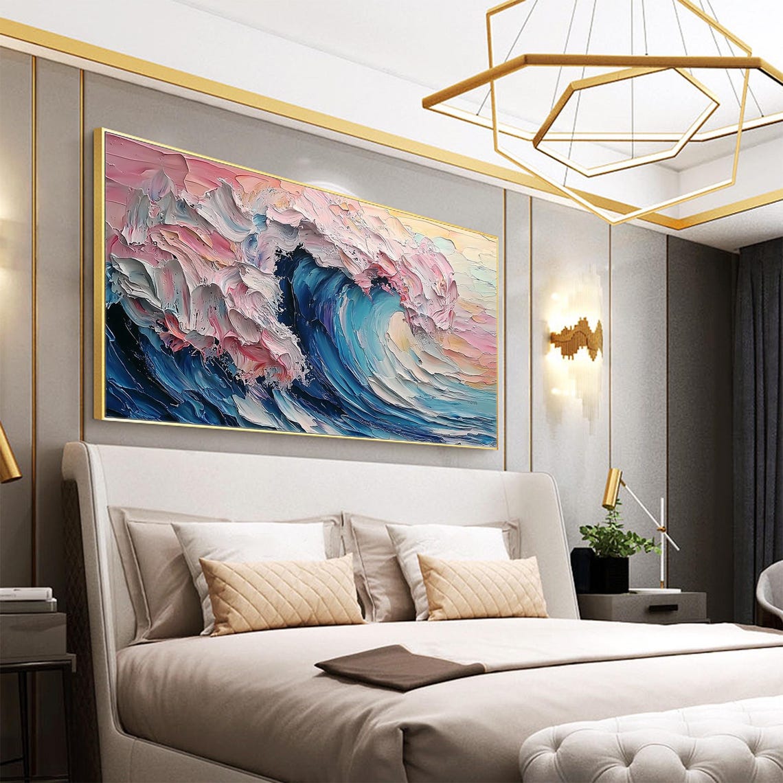 Towering Blue Ocean Wave with Pink Foam Impasto Seascape Wall Art - Image 3