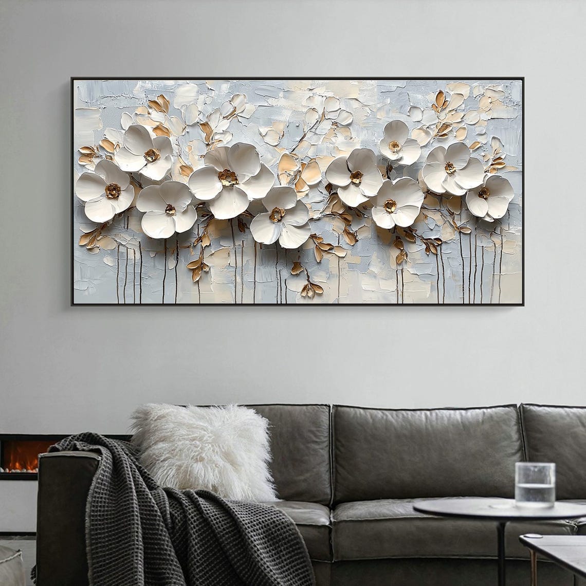 Three Dimensional White Flowers With Gold Centers Textured Poster - Image 2