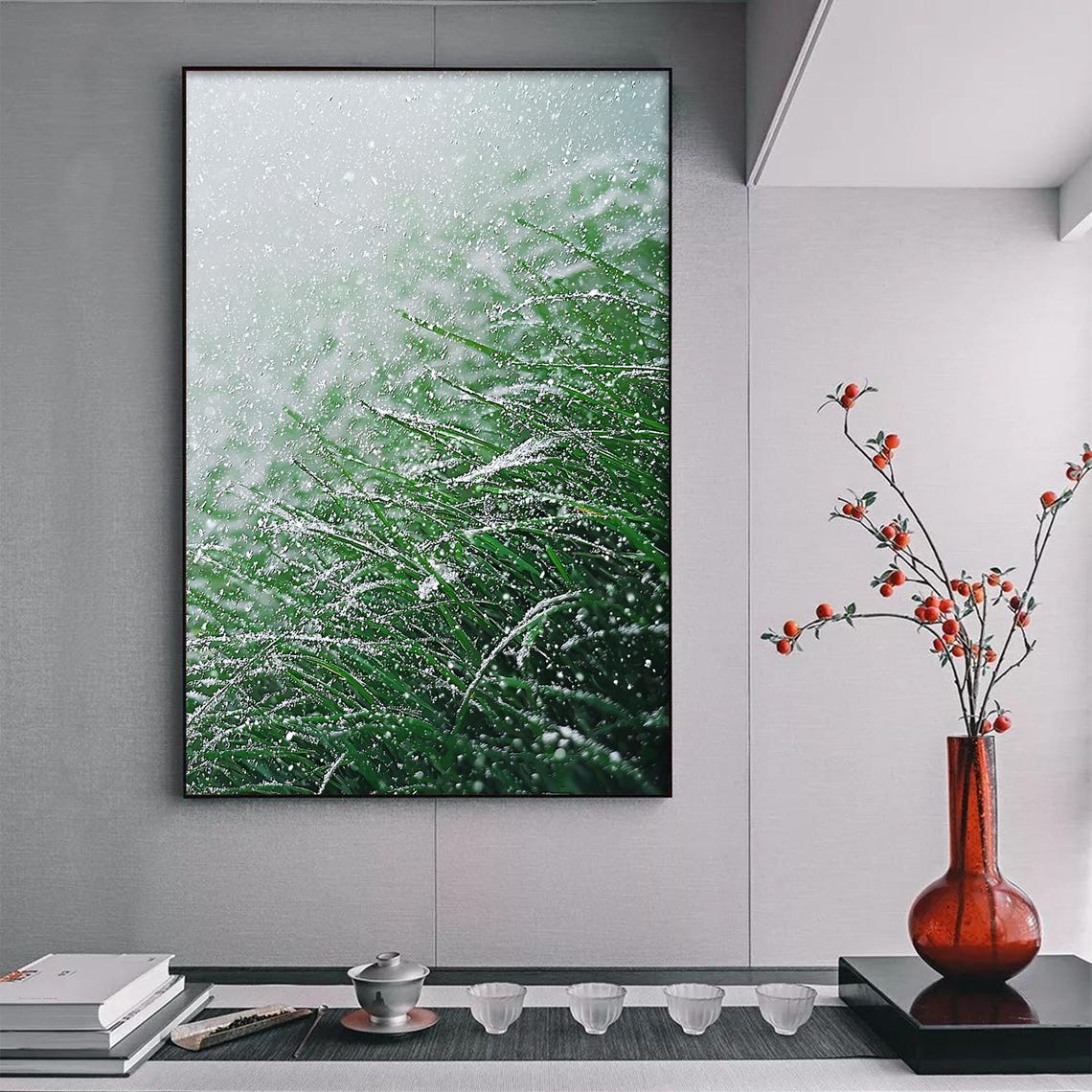 Falling Snow Dusting Lush Green Grass Close Up Winter Wall Art - Image 3