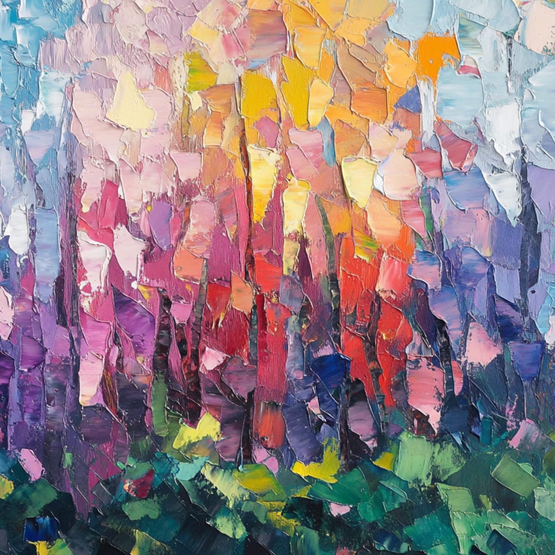 Multicolor Abstract Forest of Rainbow Trees Impasto Landscape Wall Art - Image 3