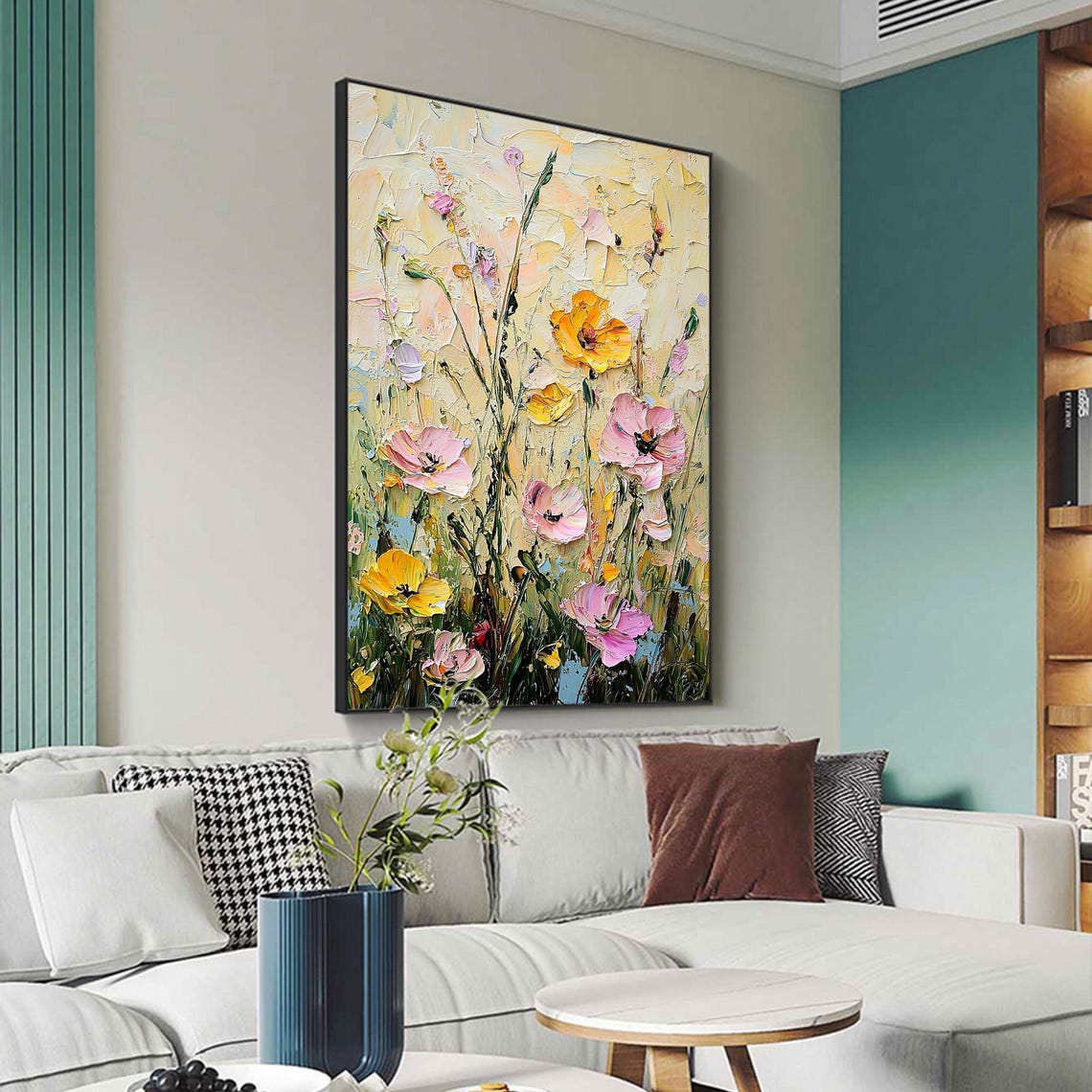 Pink Yellow Poppy Blooms Standing Tall on Cream Impasto Wall Art - Image 2