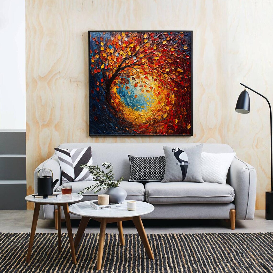Swirling Autumn Tree Spiral of Red Orange Leaves on Blue Wall Art - Image 5