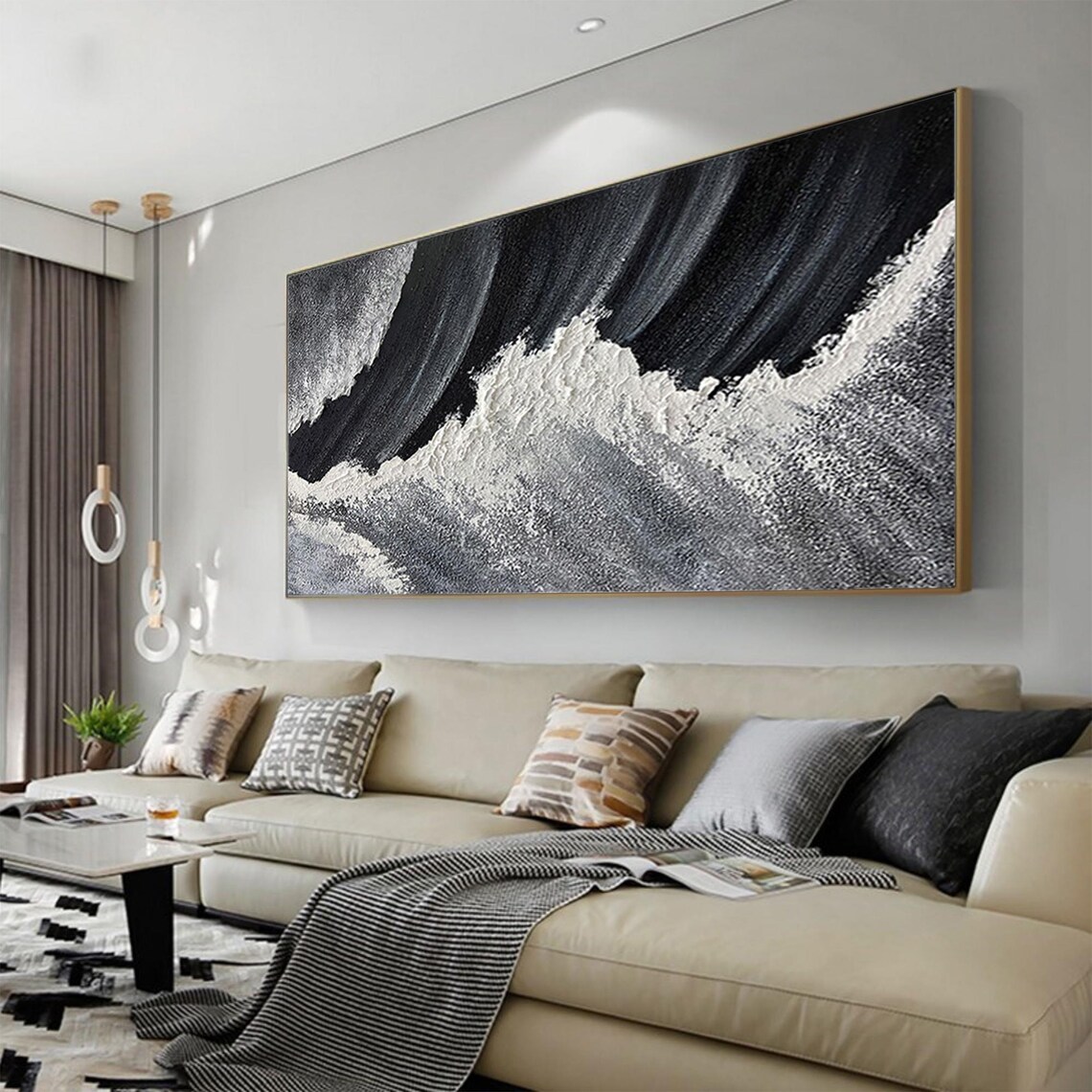Dramatic Monochrome Black White Crashing Ocean Wave Wall Art - Image 2