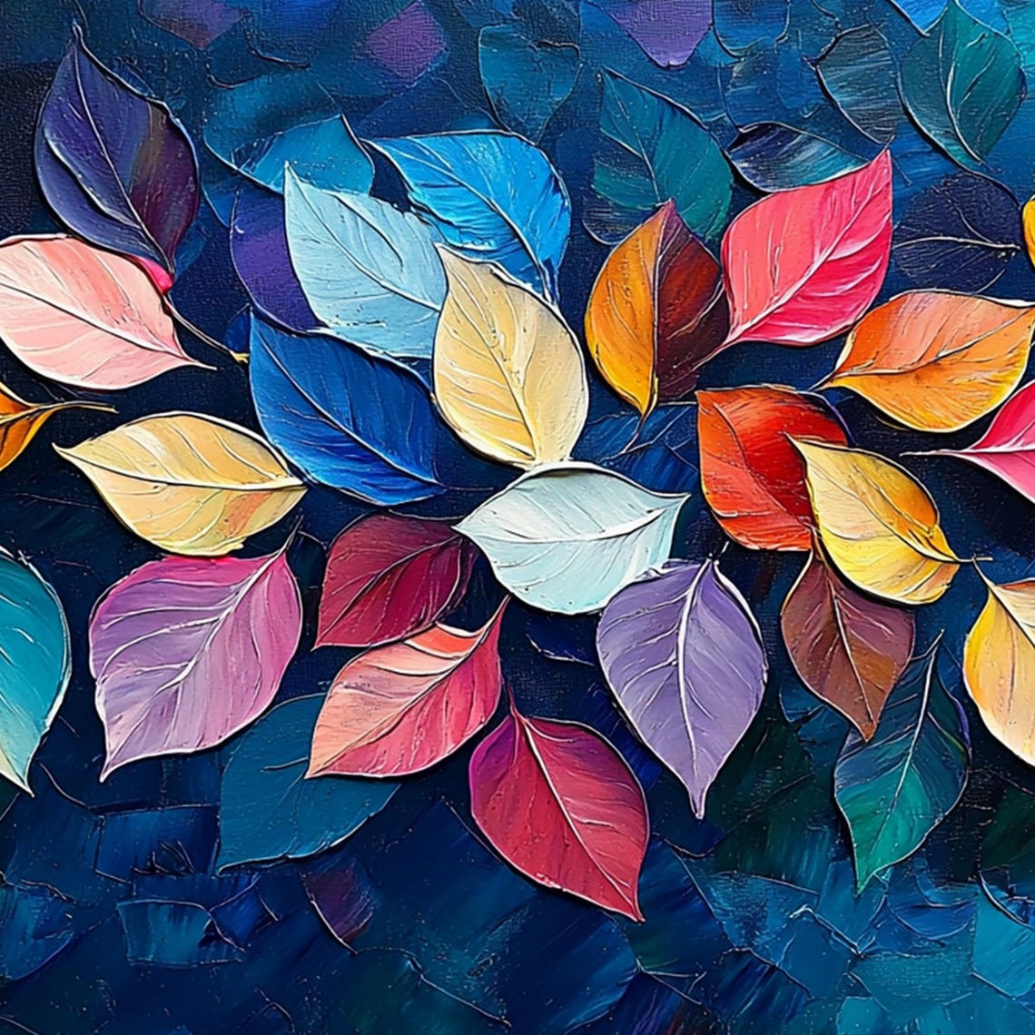 Rainbow Leaves Field Glowing on Navy Blue Abstract Botanical Wall Art - Image 4