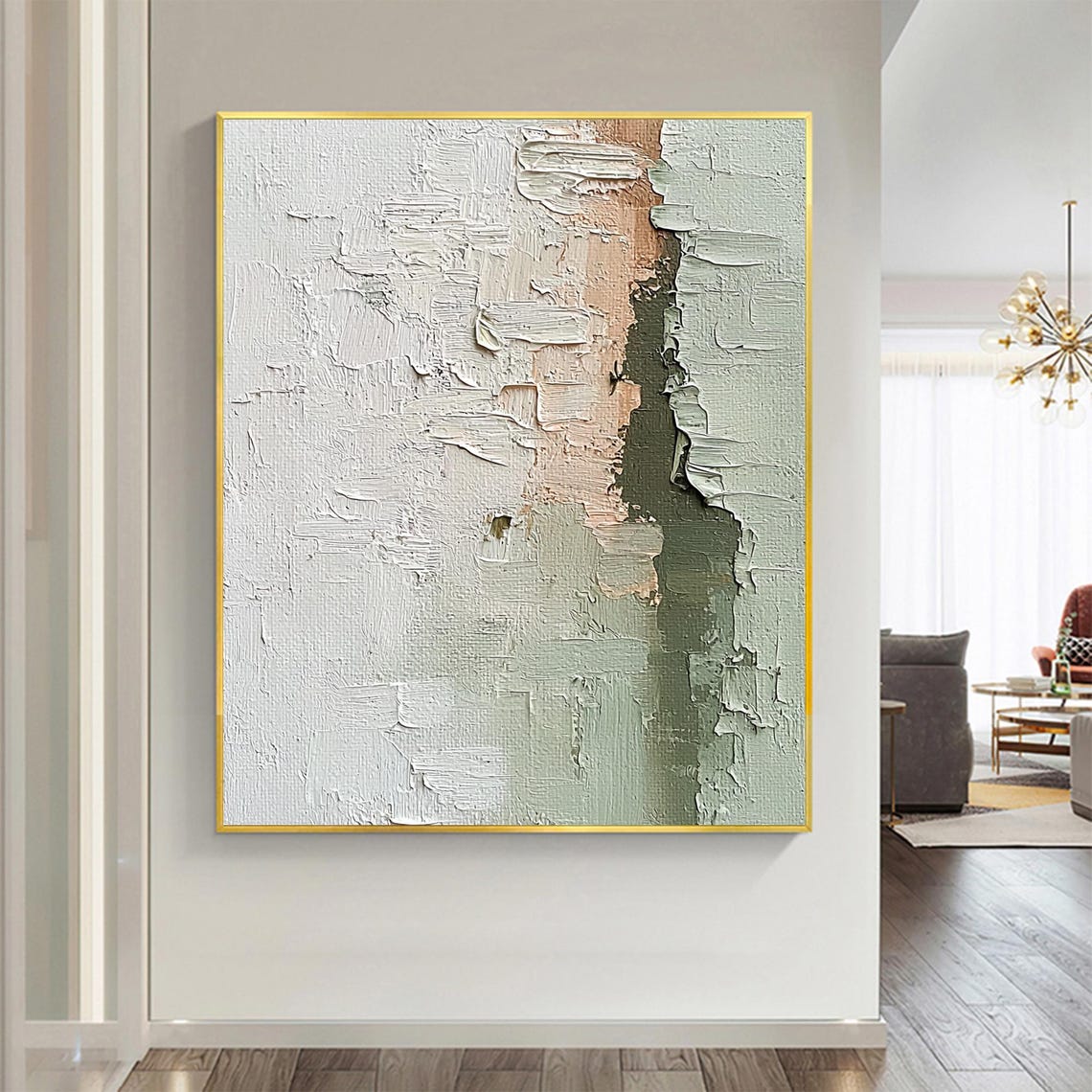 White Plaster Abstract with Beige Patch and Green Edge Wall Art - Image 4