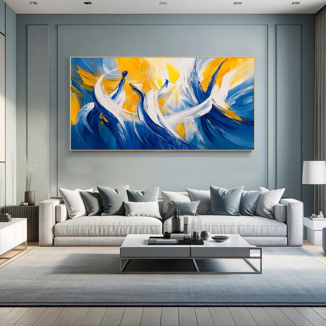 Blue White Gold Swirl Abstract in Dynamic Motion Painting Wall Art - Image 2