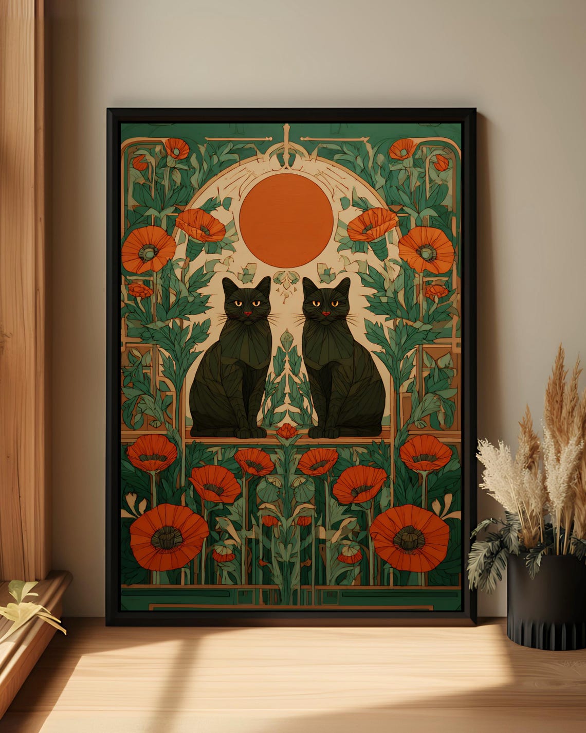 Black Cats Folk Art Print Botanical Poster Boho Artwork Floral Wall Decor Vibrant Nature Canvas Southwestern Style
