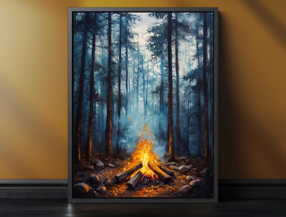 Glowing Campfire in a Misty Pine Forest Moody Blue Oil Painting Poster