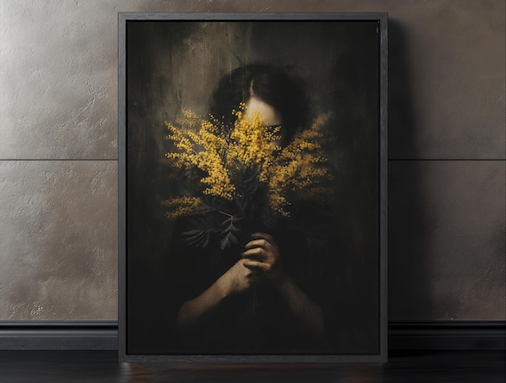 Faceless Woman With Yellow Flowers Dark Gothic Portrait Poster