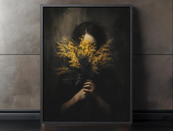 Moody Wall Art Dark Woman Print Faceless Portrait Gothic Academia Floral Surrealism Decor