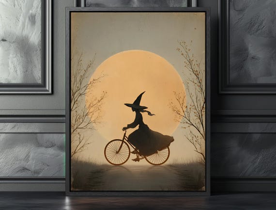 Vintage Witch On Bicycle Art Print Fairytale Halloween Decor Dark Fantasy Wall Witchy Home