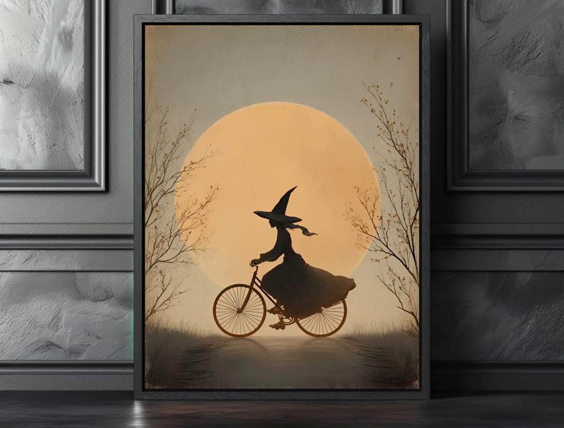 Vintage Witch On Bicycle Art Print Fairytale Halloween Decor Dark Fantasy Wall Witchy Home