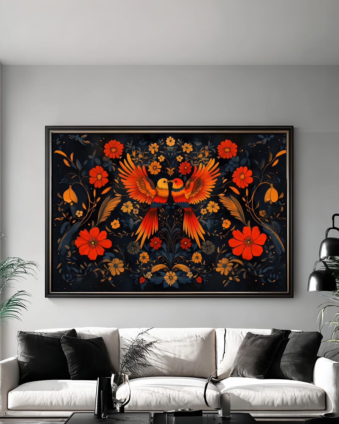 Mexican Maximalist Birds Red Gold Floral Folk Art Style Print
