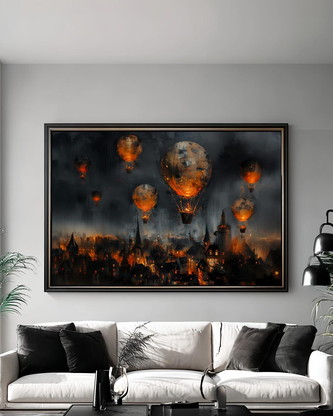 Glowing Hot Air Balloons Drifting Over a Night City Dreamy Dark Sky Poster