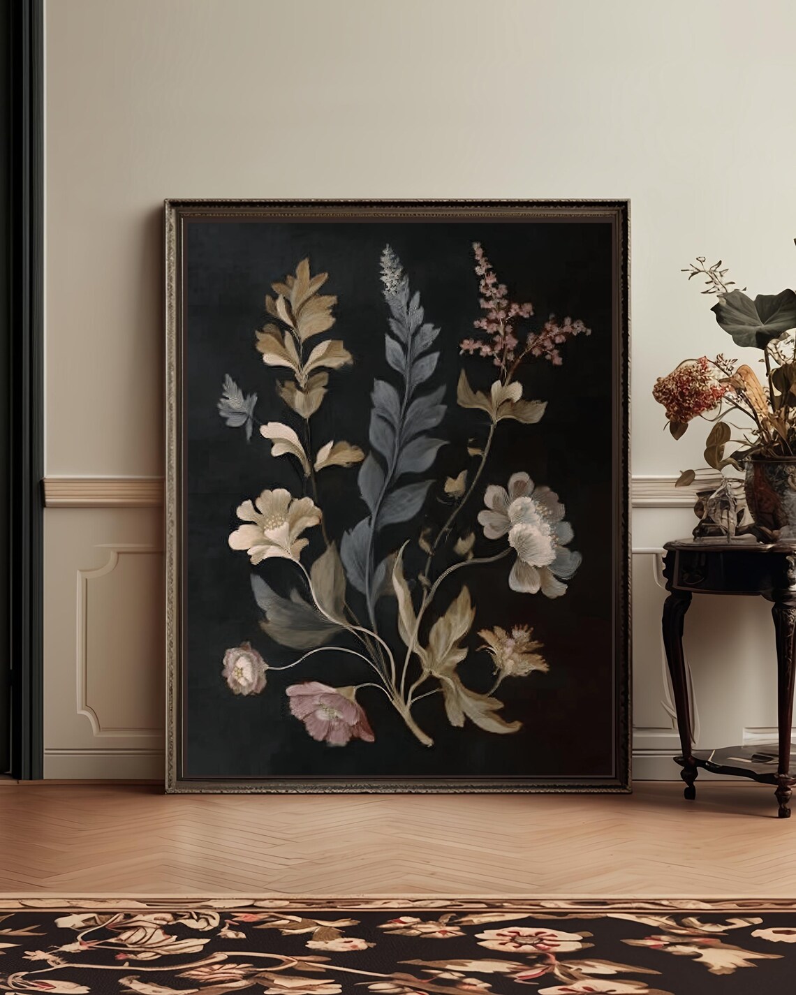 Elegant Moody Botanical Floral Vintage Black Background Art Print