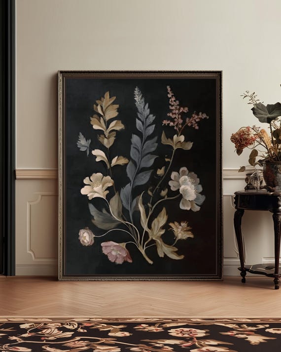 Floral Dark Canvas Print Antique Style Botanical Wall Art Dramatic Vintage