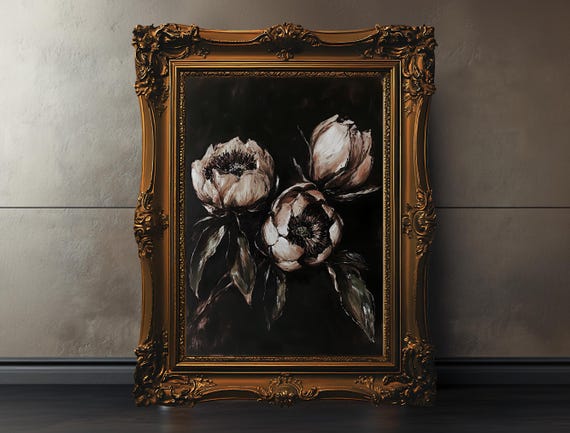 Moody Flower Canvas Print Vintage Botanical Dark Floral Wall Art Artwork Black Painting Dramatic Decor Framed
