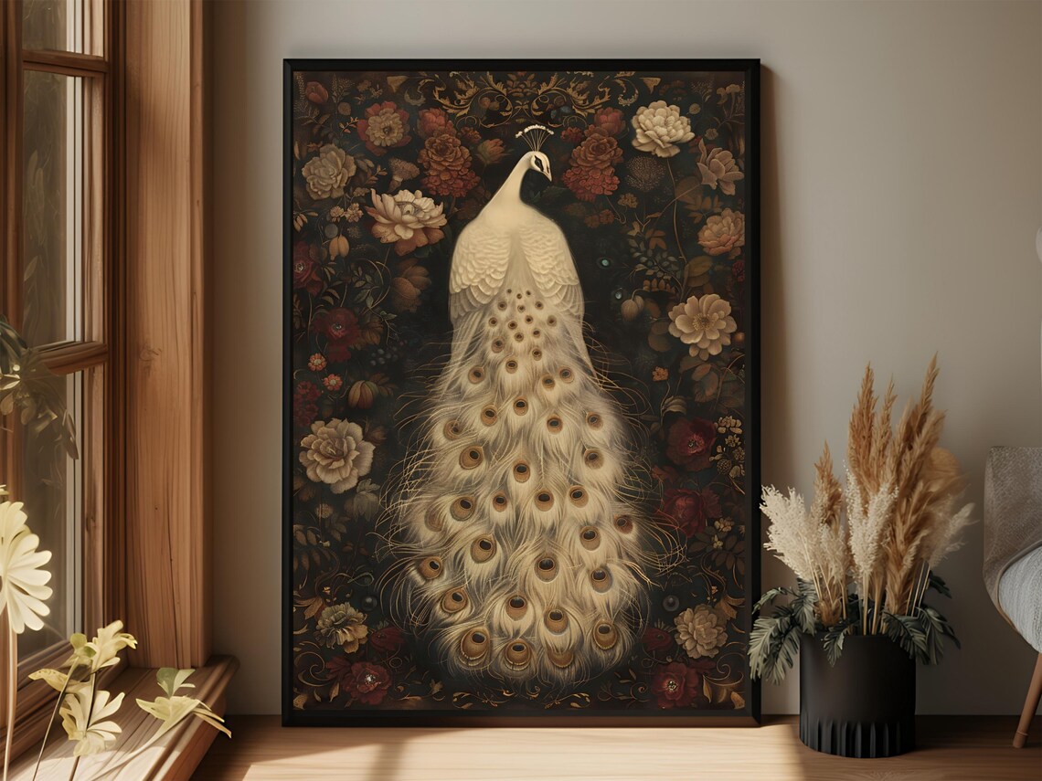 White Peacock Among Dark Moody Florals Vintage Elegant Bird Art Poster
