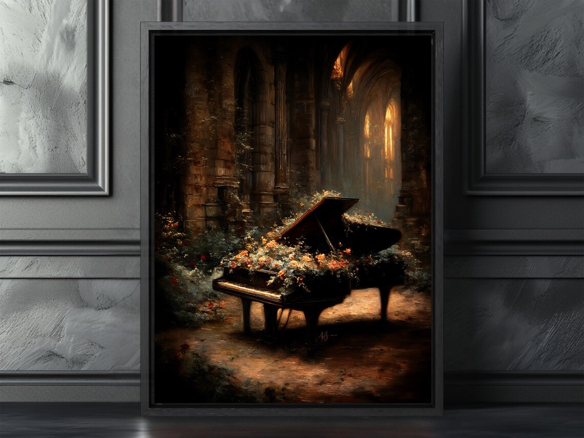 Grand Piano Gothic Cathedral Floral Dark Romance Oil Painting Wall Poster