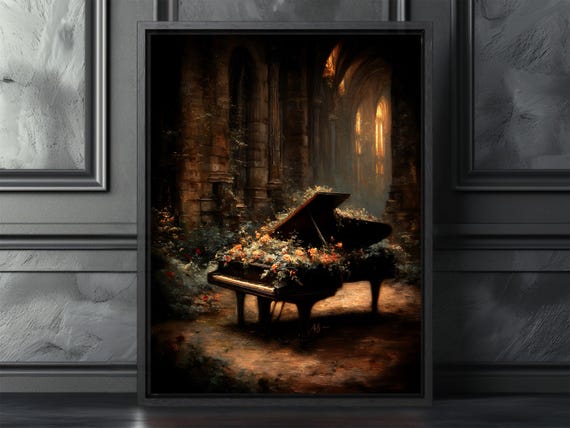 Dark Academia Piano Wall Art Elegant Moody Music Room Poster Dramatic Floral