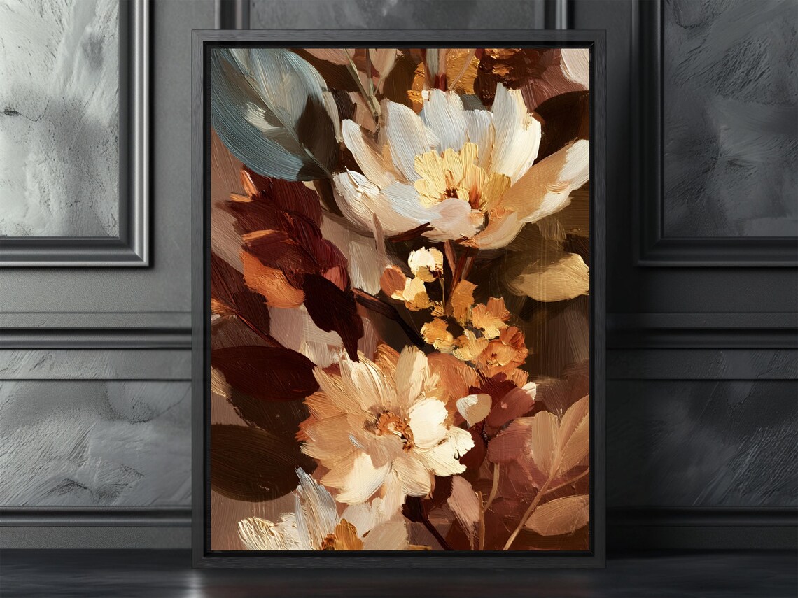 Moody Autumn Floral Still Life Cream Blossom Vintage Oil Poster