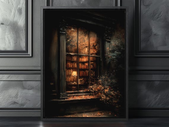 Library Wall Art Moody Book Lover Window Canvas Print Dark Academia Decor