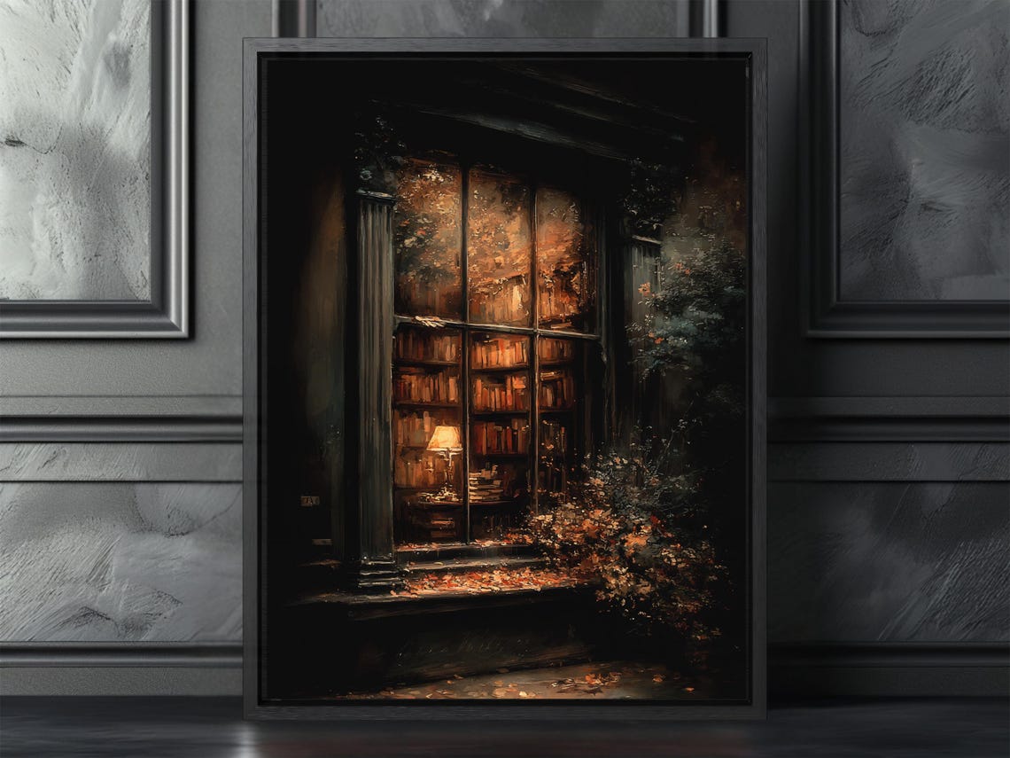 Cozy Bookstore Window Night Warm Lamp Books Autumn Reading Poster