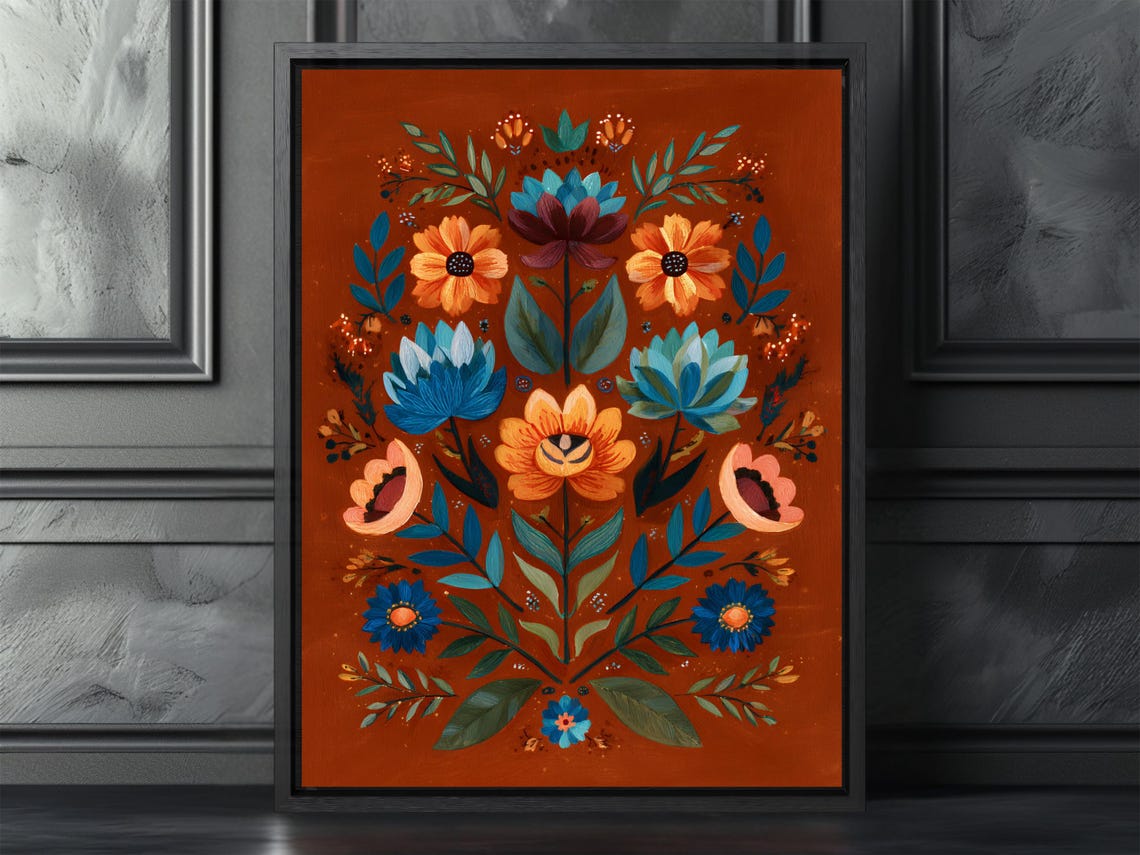 Terracotta Folk Art Floral Symmetric Botanical Wall Decor Poster