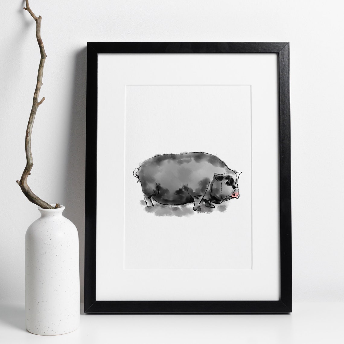 Mini Pot Bellied Pig Ink Watercolor Cute Grey Farm Animal Poster