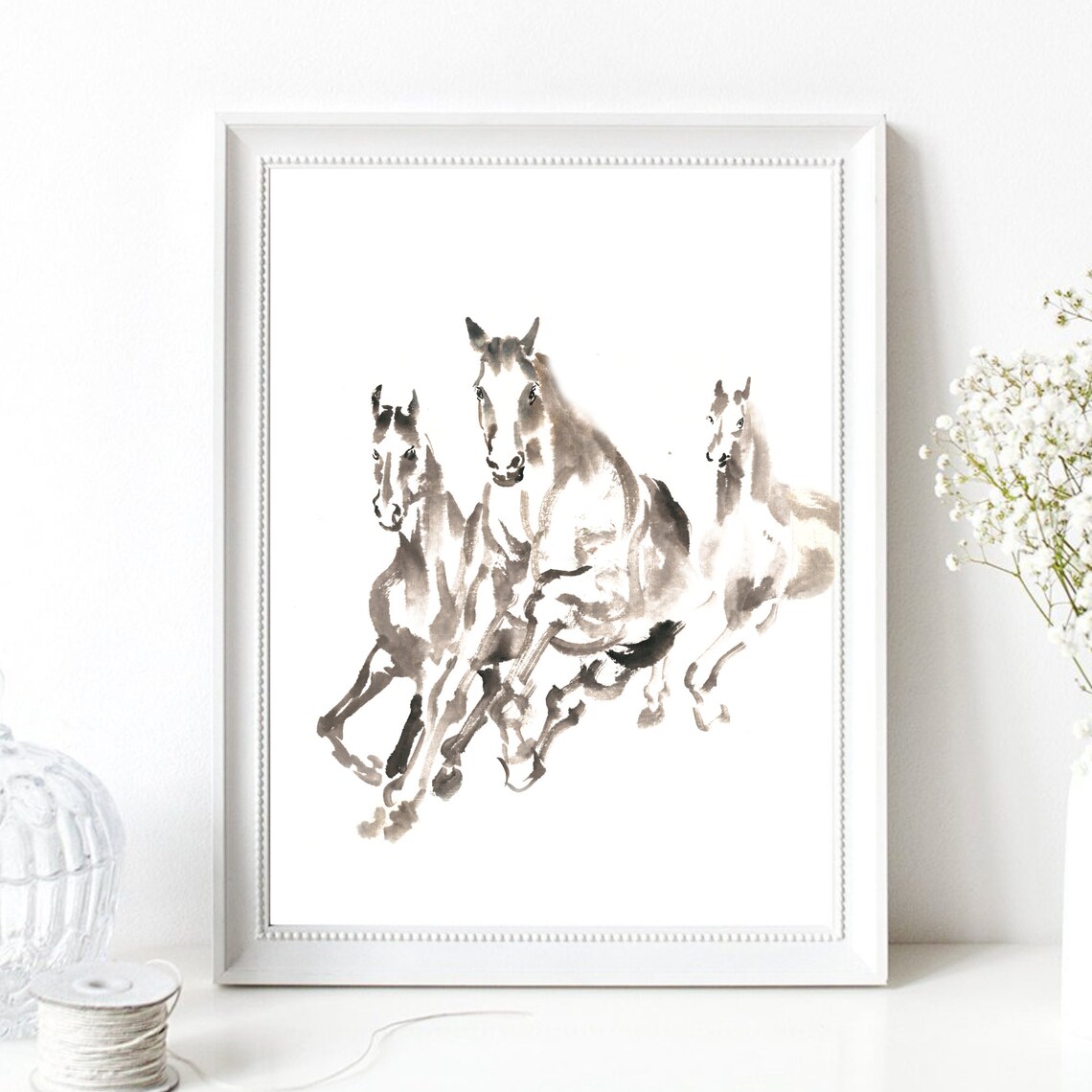 Galloping Horses Trio Ink Wash Painting Minimalist Horse Wall Art