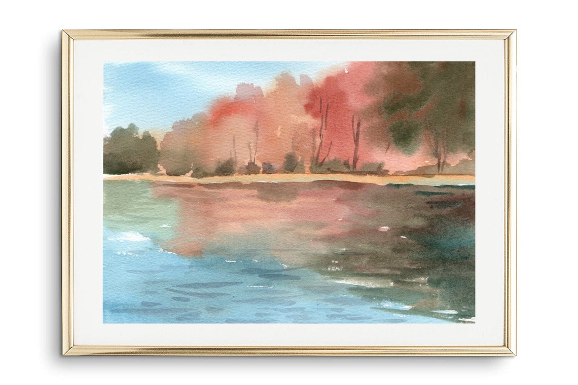 Watercolor Autumn Lake Red Forest Reflection Fall Landscape Art Poster - Image 2