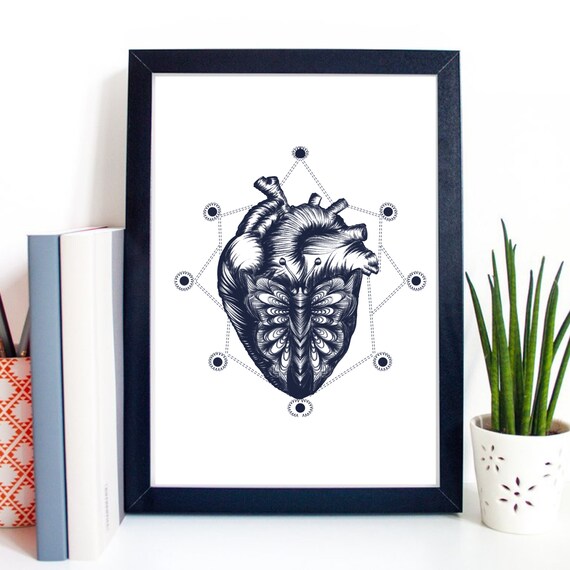 Anatomical Heart Butterfly Gothic Tattoo Style Occult Graphic Poster