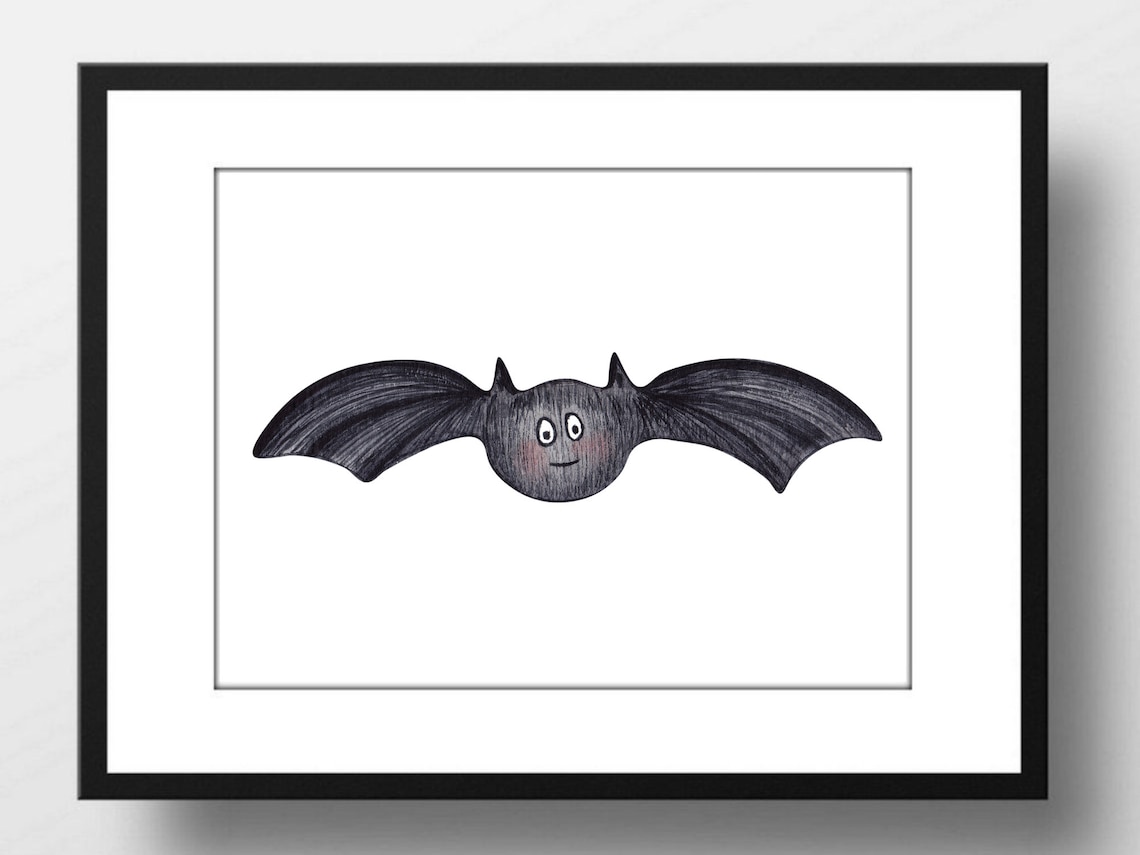 Cute Smiling Bat Cartoon Watercolor Kids Nursery Animal Wall Poster