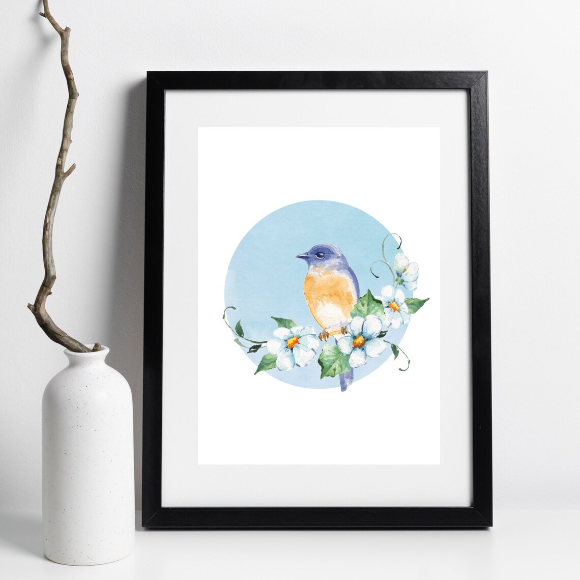 Blue and Orange Songbird on Flower Branch Watercolor Art Poster - Image 2