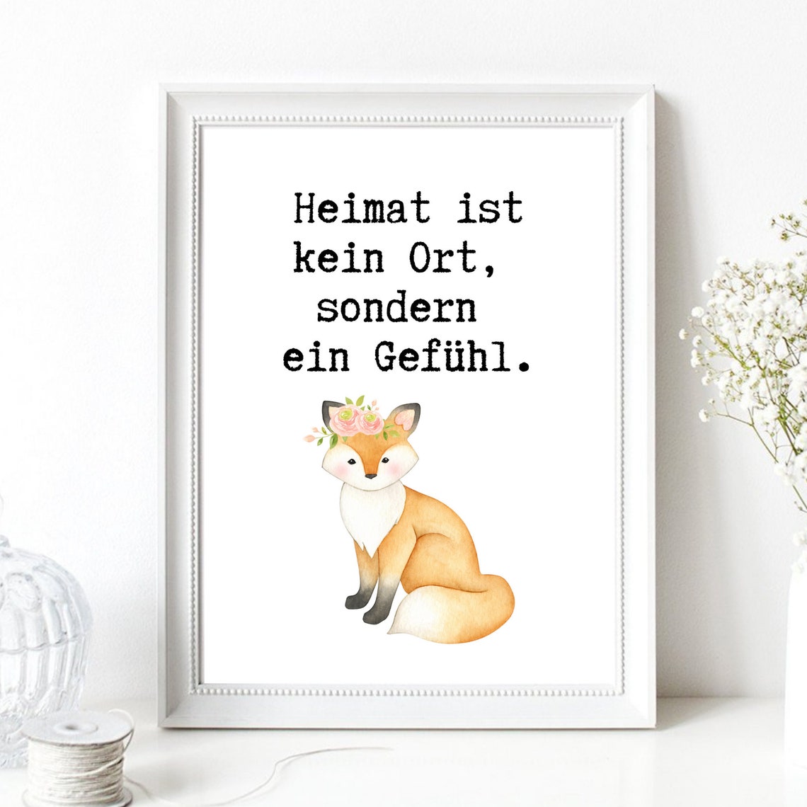 Home Is A Feeling Fox Flower Crown Watercolor German Quote Wall Art - Image 2