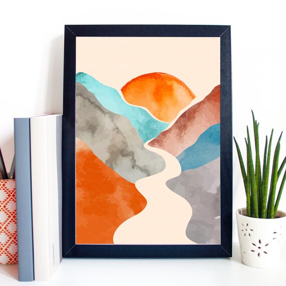 Din A4 Art Print Without Frame Abstract Landscape With Sun Mountains River Modern Art Picture Poster Print