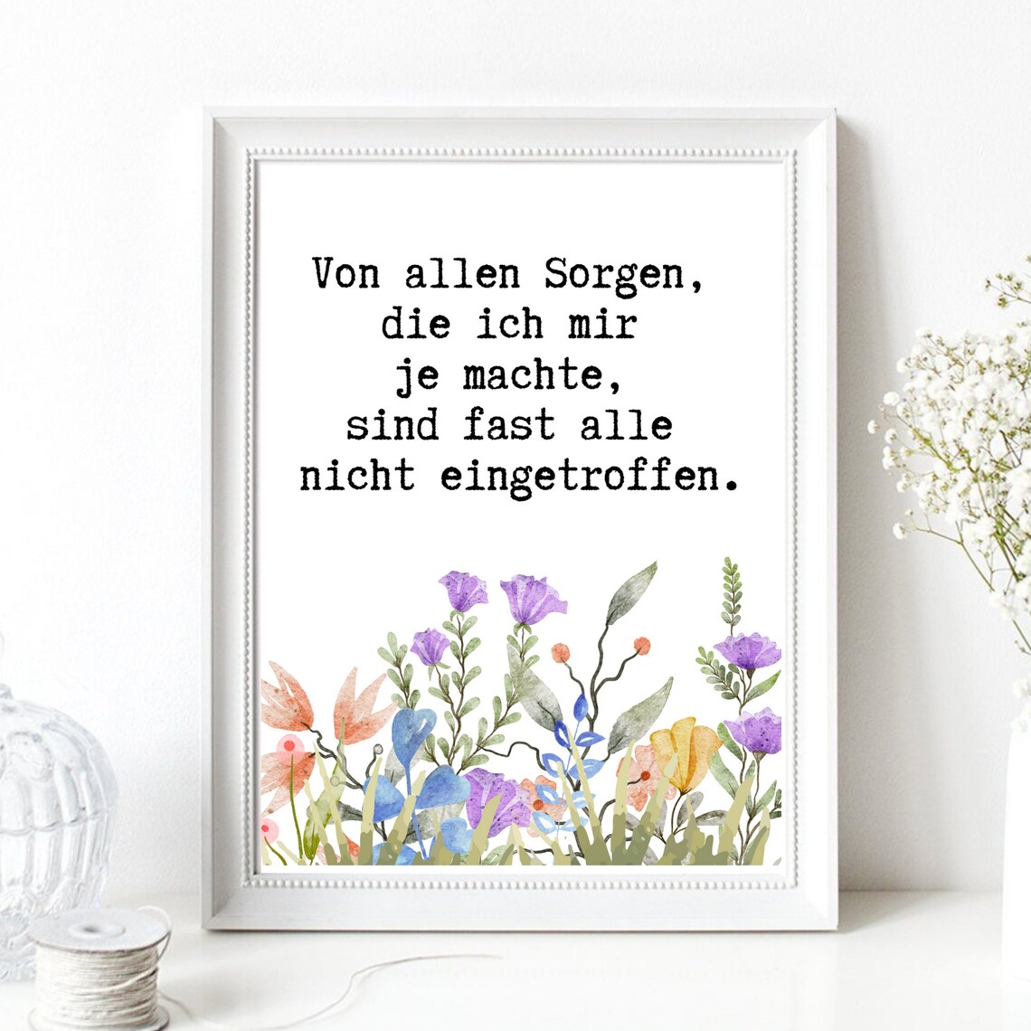 Worries Rarely Happen German Quote Watercolor Wildflower Floral Poster - Image 2