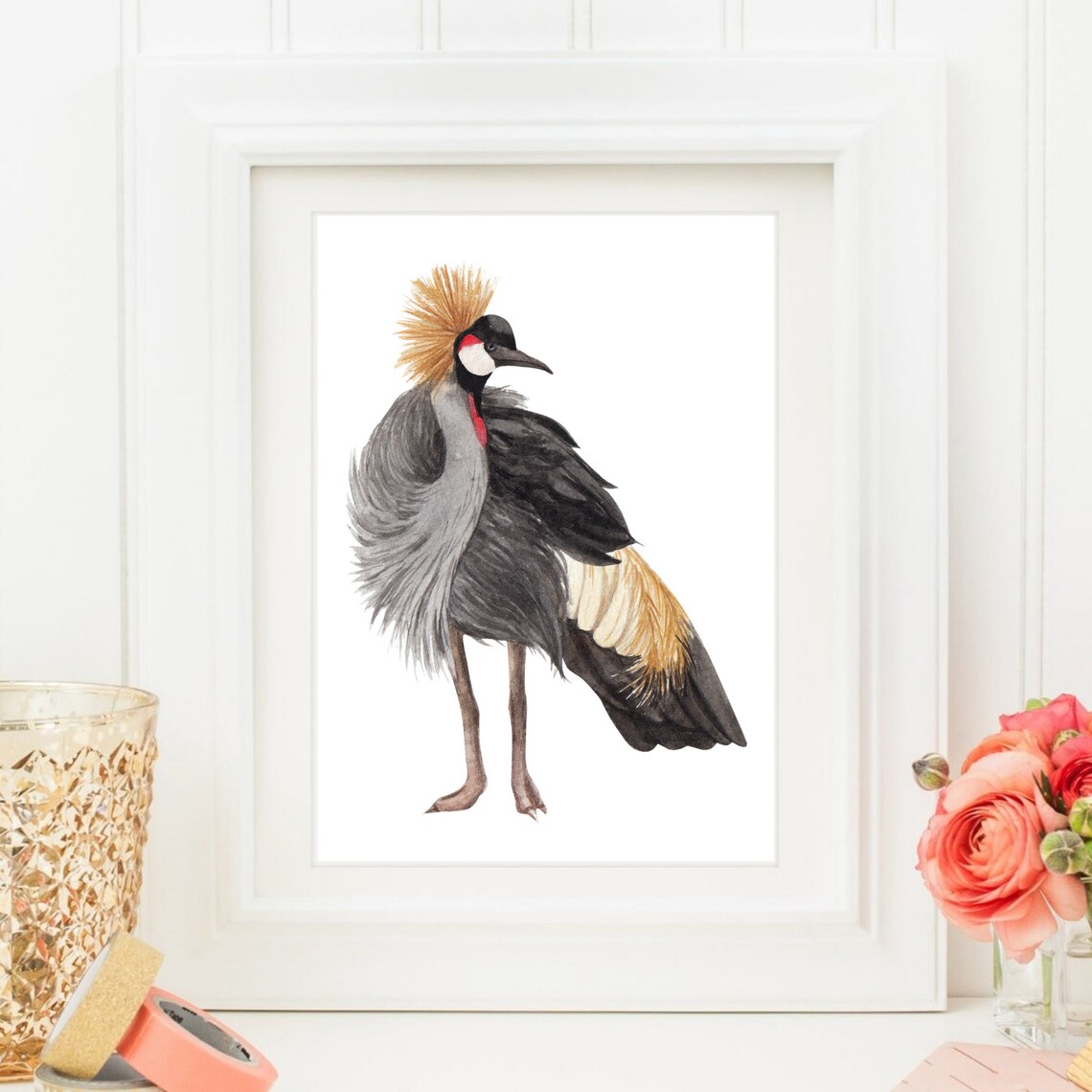 Grey Crowned Crane Watercolor Exotic Bird Nature Wildlife Art Poster