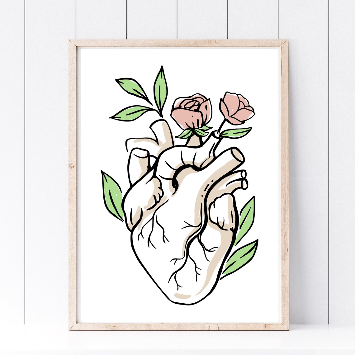Anatomical Human Heart With Pink Roses Medical Line Art Poster