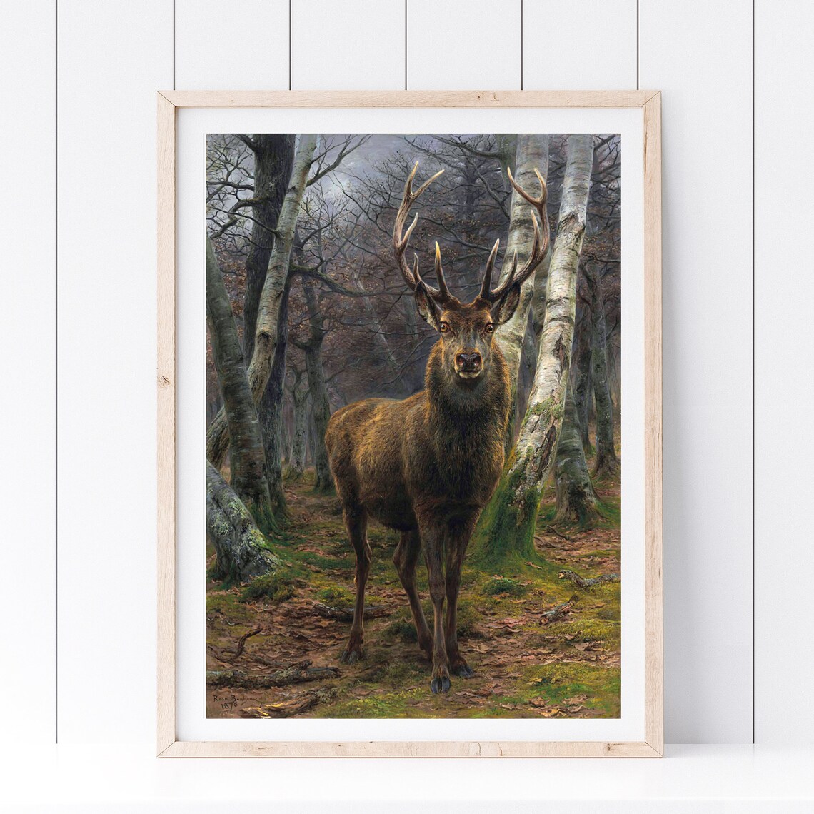 Majestic Red Deer Stag In Birch Forest Vintage Wildlife Oil Painting Poster