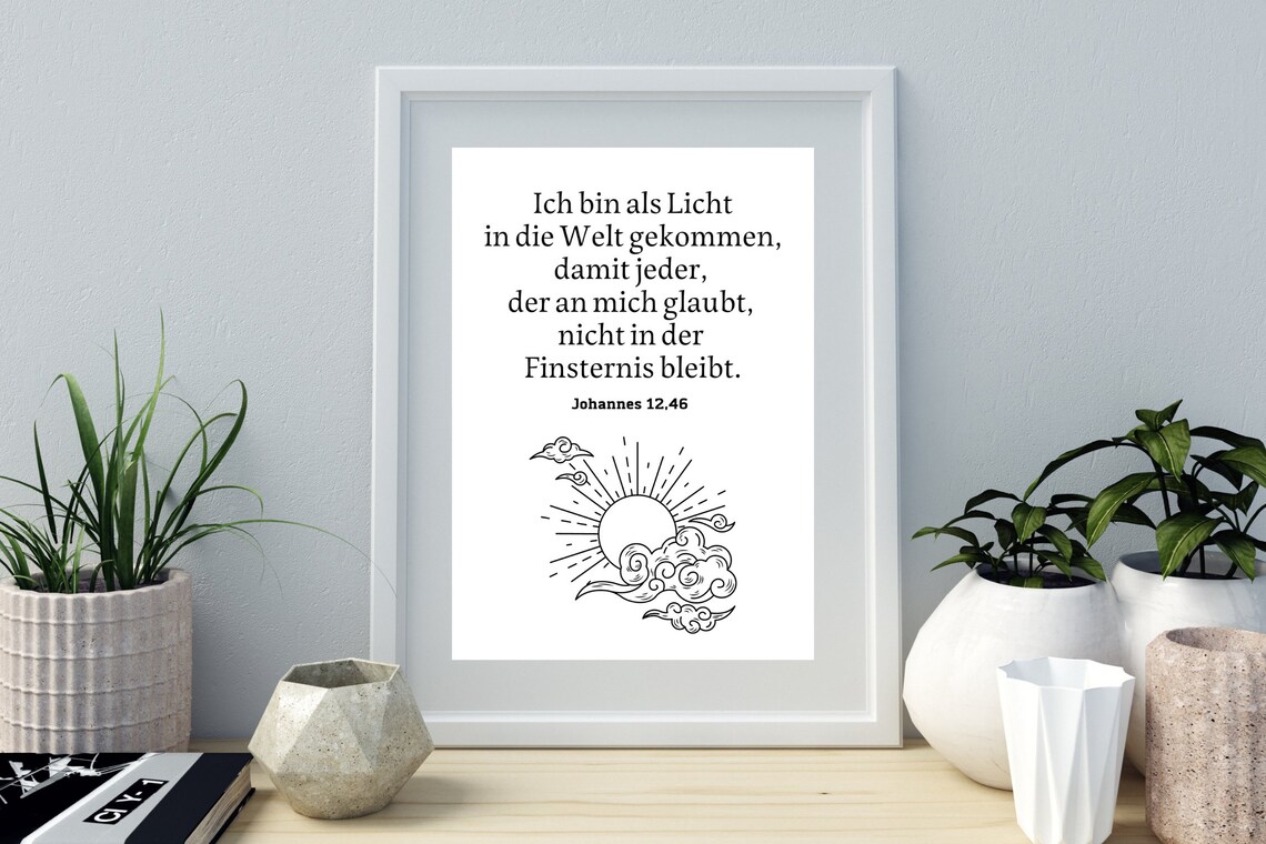 German Bible Verse John Light of the World Sun Line Art Poster - Image 3