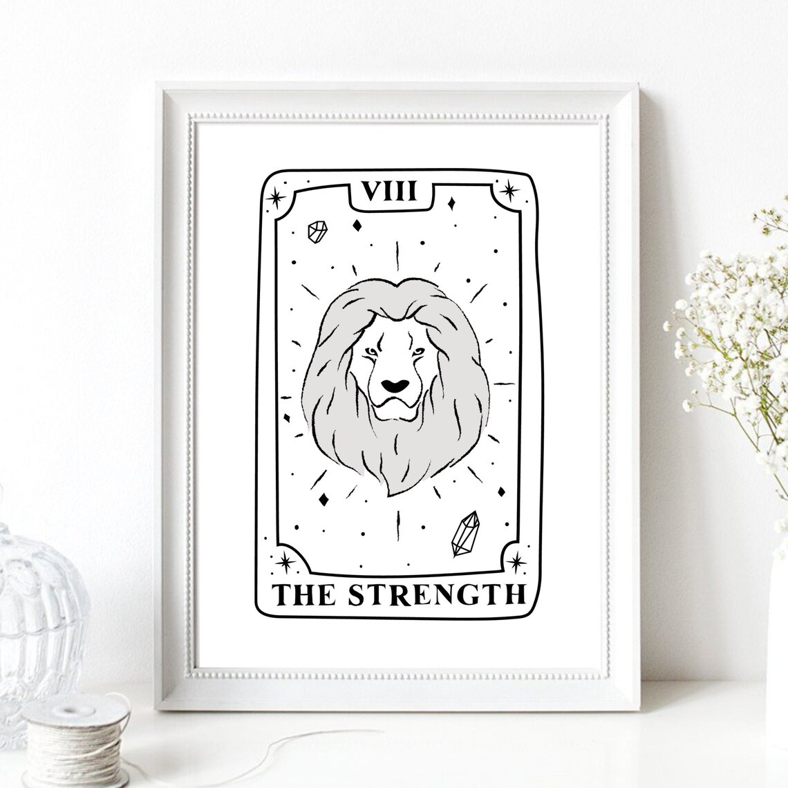 The Strength Tarot Card VIII Lion Line Art Black White Esoteric Wall Poster - Image 3
